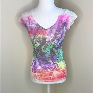 Wet Seal Colorful Graphic “Rock n Roll”Short Sleeve Tee. Small